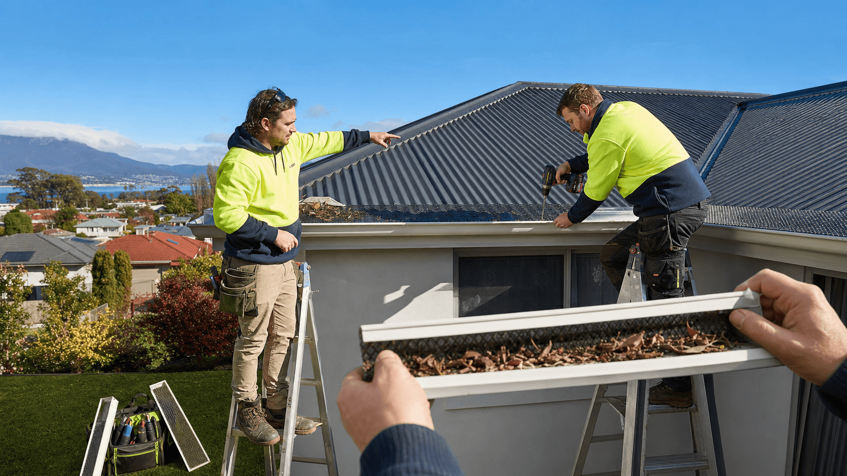 Rainy house roof with clogged gutter guard, overflowing leaves and water, dark storm clouds in the background
